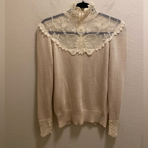 Vintage Smith-St.John Aspen Lace Pearl Mock Neck Victorian Sweater Size M - Picture 1 of 12